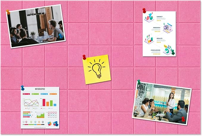 Large Square Felt Cork Board Tiles, Self Adhesive DIY Felt Bulletin Board Pin Board with 35 Pushpins for Office School Home Wall Decor Stickers Memos Photos Display (Pink)