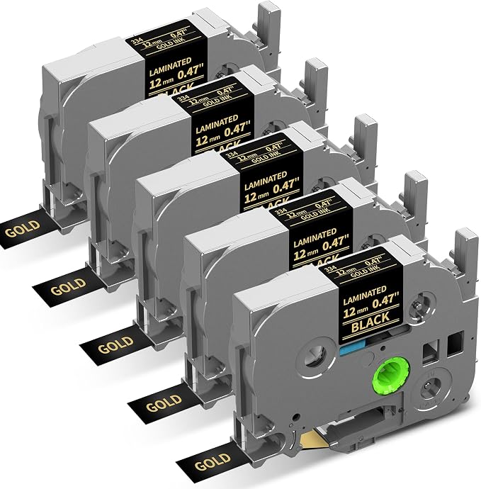 Replace for Brother P Touch Label Tape Gold on Black TZe-334 TZ Tape 12mm | TZe334 Laminated 0.47" for Brother Ptouch PT-D220 D210 H110 H103W D410 1280 D610BT Label Maker Refills, 1/2" x 26.2' , 5-Pack