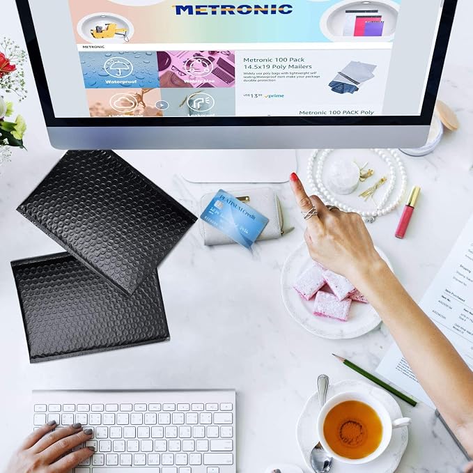 METRONIC Bubble Mailers 6x10" Padded Envelopes Black 300 Pack Waterproof | Usable Size 6x9",Shipping Bags,Self-Seal Small Cushioning for Jewelry Makeup Supplies,Packaging Bulk,Tear-Resistant Opaque
