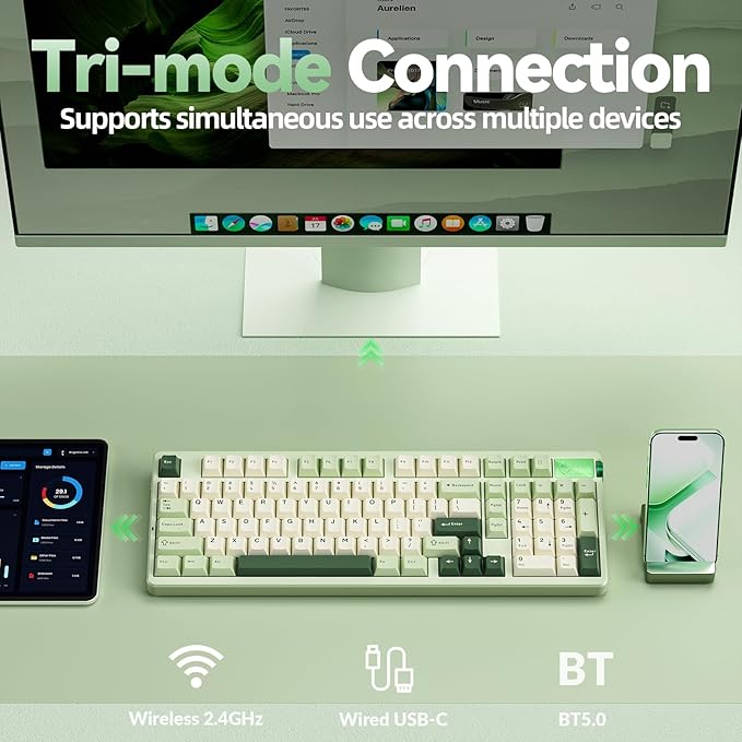 LEOBOG A98-96% Mechanical Keyboard Wireless, Tri-Mode BT5.0/2.4GHz/USB-C, Creamy Keyboard with Number Pad, Gasket Structure Hot Swappable, RGB Backlit Green Gaming Keyboard with Knob for PC