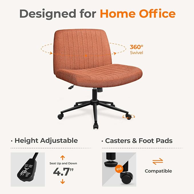 NEO CHAIR Criss Cross Chair with Wheels Armless Cross Legged Office Desk Wide Comfy Vanity Makeup Chair Adjustable Swivel Rolling Computer for Home Office Fabric (Brown) | Cross-Legged Friendly Design, Dual Base with Wheels or Pads, 360° Swivel & Heigh...