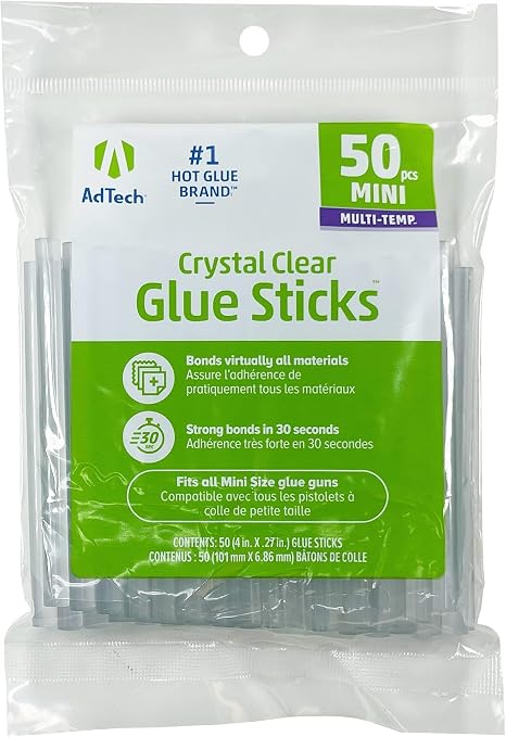 AdTech Mini Hot Glue Sticks, 4" Length, Crystal Clear, Fast & Strong Bonding, Multi-Temp for High & Low Temp Glue Guns, Acid-Free, 50 Count (Pack of 12)