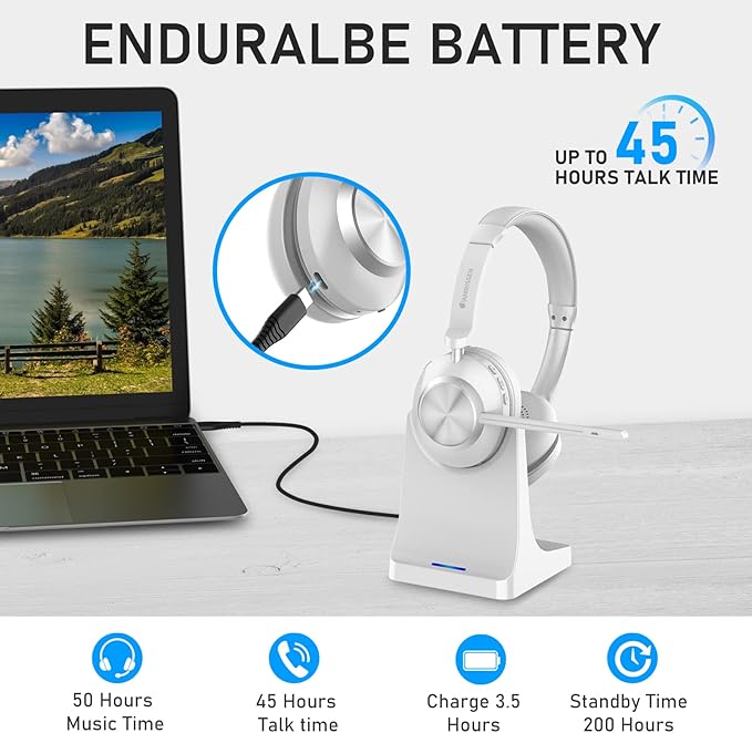 Wireless Headset with Mic for Work, Bluetooth Headset with Microphone, AI Noise Canceling Mic & Mute, Wireless Headphones with USB Dongle & Charging Dock for PC/Cell Phones/Call Center/Teams