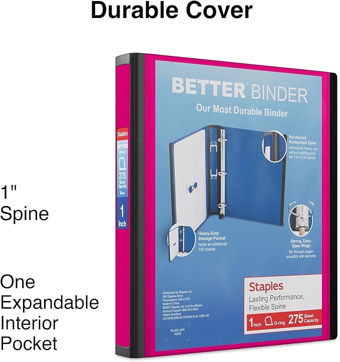 Staples Better Binder, 1-Inch 3‑Ring View Binder, Durable D‑Ring, Pink, Heavy‑Duty, Holds 275 Sheets, School & Office Organization, 3‑Pack