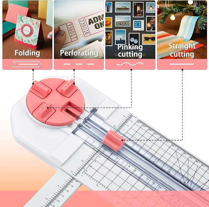 Paper Cutter for Craft：Paper Trimmer, Perforator, Folding, Pinking Cutting on Paper, Vinyl, Cardstock, Photo for Scrapbooking and Cardmaking Plus Sideways Ruler, Pink, Worklion