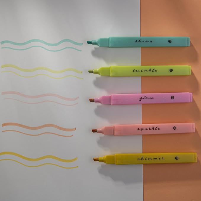 DIVERSEBEE Glitter Bible Highlighters with Soft Chisel Tip (Sunshine) | 5 Pack Assorted Color Pens No Bleed, Quick Dry, Cute Aesthetic Marker Set for Bible Study Journaling Supplies