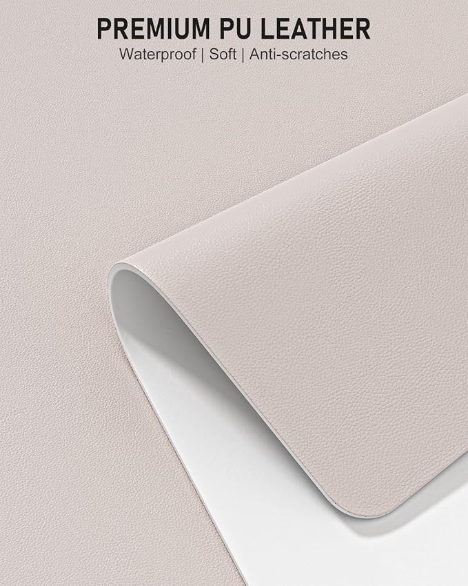 Desk Pad, 35.5" x 17" PU Leather Non-Slip Desk Mat Large Mouse Pad for Desktop, Waterproof Laptop Computer Writing Mat for Office, Home, Work, Gaming, Beige Gray