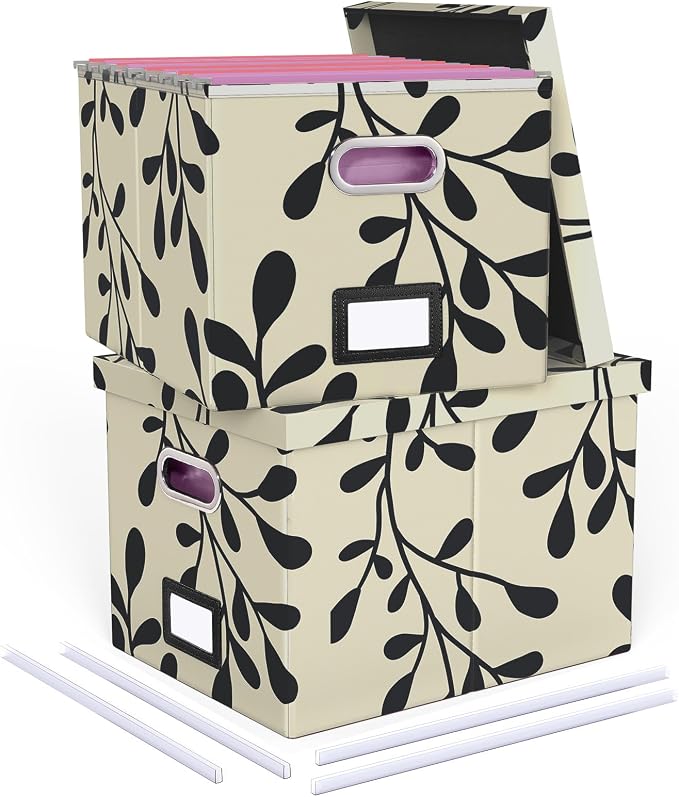 2 Pack File Storage Organizer, Document Organizer, Portable File Box with Lid, Fit for Letter/Legal File Folder Storage,Leaf Black/Cream-Box only