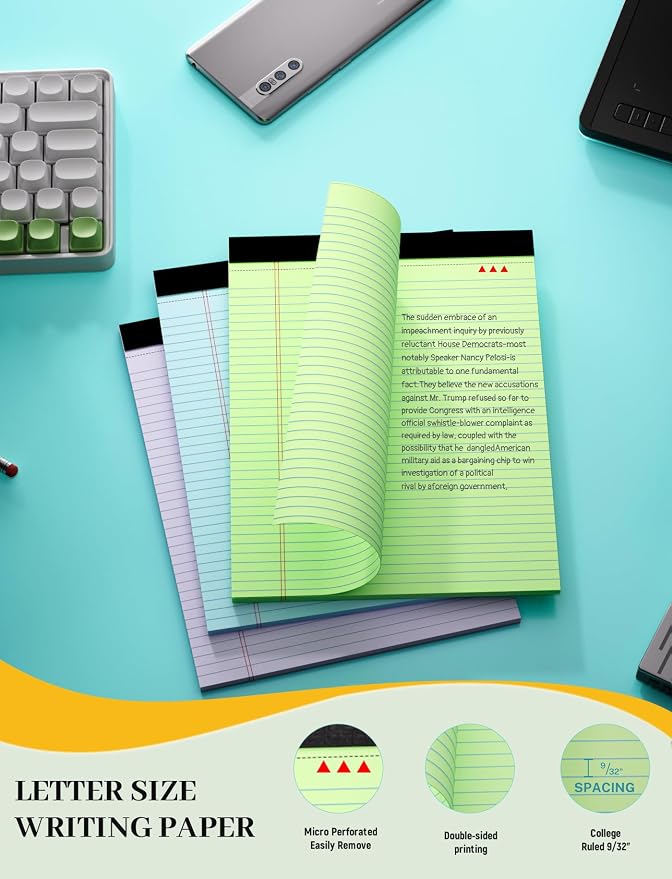 6 Pack Legal Pads 8.5 x 11, Colored Legal Pads College Ruled Note Pads | 8.5 x 11 Writing Paper, Notepad with Sturdy Back, Perforated Writing Pad Lined Paper, Memo Notepad for Office, School, Home