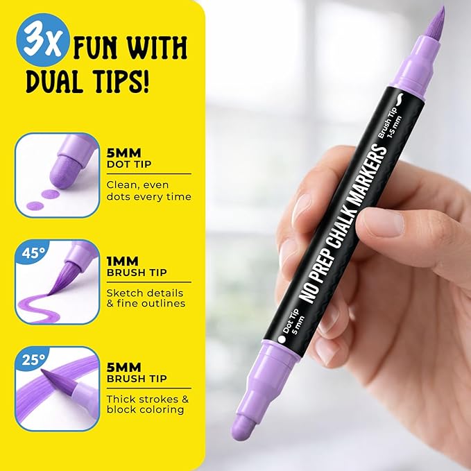 Chalkola Dual Tip Chalk Markers for Blackboard - (24 Colors, Dot + Brush Tip, No Pumping) | Erasable Liquid Chalk Markers for Chalkboard, Glass, Car Window, Mirror - Washable Water Based Ink Pen