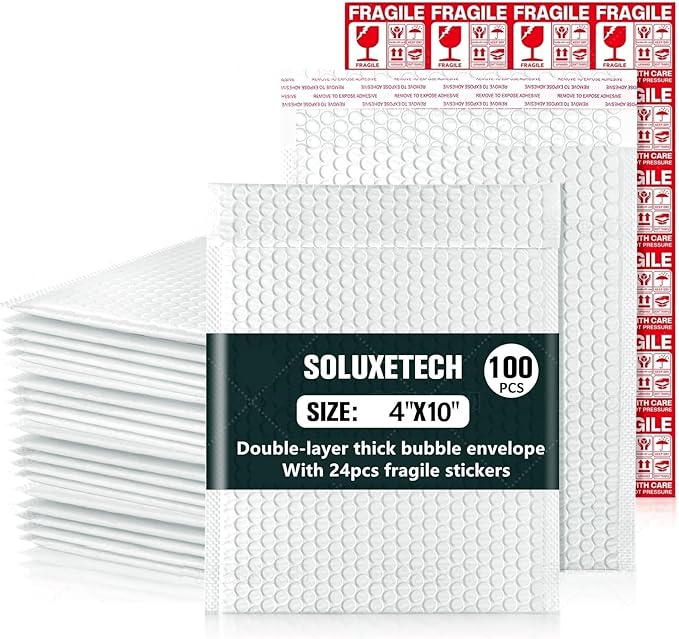 Bubble Mailers 4x10" 100 Pack and 24PCS Fragile Stickers White Thick Waterproof Padded Poly Envelopes Small Bubble Wrap Mailers Self Seal Shipping Bag for Mailing Jewelry Makeup Small Business#0