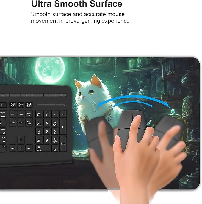 Cute Anime White Cat Gaming Mouse Pad, Forest Green Mystical Desk Mat with Anti-Slip Base & Stitched Edges, Office & Home Desk Decor for Women, 35.4" x 15.7" in Computer Desktop Mat
