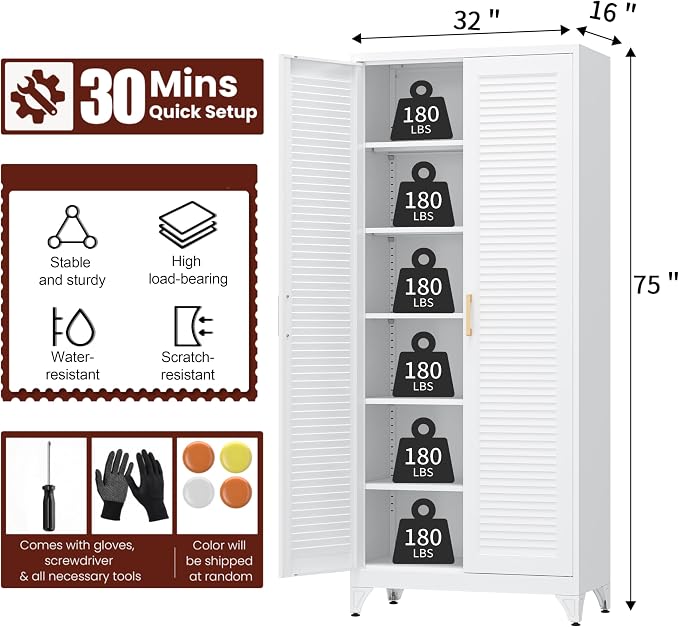 75" Tall Kitchen Pantry Cabinet, Metal Storage Cabinet with Doors | Kitchen Cabinet with 5 Adjustable Shelves, White Cupboard for Kitchen, Dining Room, Living Room, Bathroom, Garage and Office