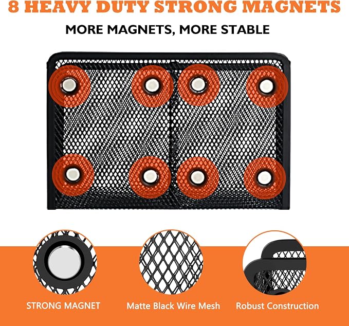 Magnetic Pencil Holder Whiteboard Pen Holder Locker Accessories (2-Slot*1) | Locker Organizer, Desk Organizer, Teacher Supplies, Mesh Basket, Strong Magnets, Black, For Fridge School Office Home