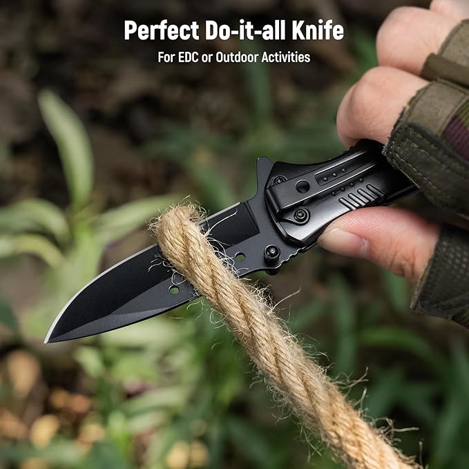 Pocket Knife for Men - Sharp Blade Wood Handle Pocket Folding Knives with Clip, Glass Breaker - EDC Knives for Survival Camping Fishing Hiking Women, Small, Black