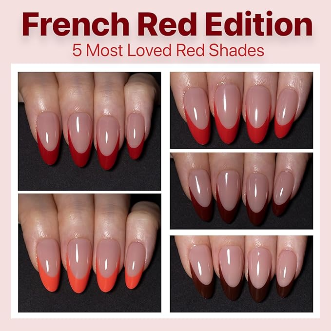 SXC Cosmetics French Tip Press On Nails 150 Pieces in 15 Sizes Ultra Fit with Pre-applied Tip Primer and Base Coat, No Need to File Fake Nails for Nail Art DIY X-Pro Tips (5RED115-M Almond)
