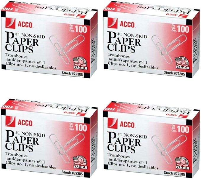 ACCO Paper Clips, 1 Size, Economy, Non-skid, 100/Box (4)