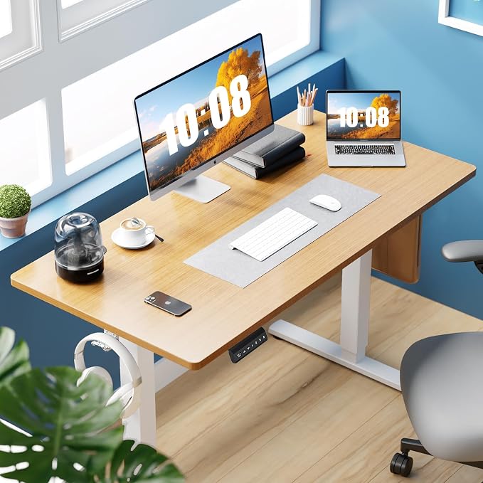 DUMOS 41 Inch Electric Standing Desk, Memory Adjustable Home Office Desk | Sit Stand Up Desk for Work Home Office,Adjustable Desk, Rising Computer Table with Splice Board,Cable Management,Hook,Oak