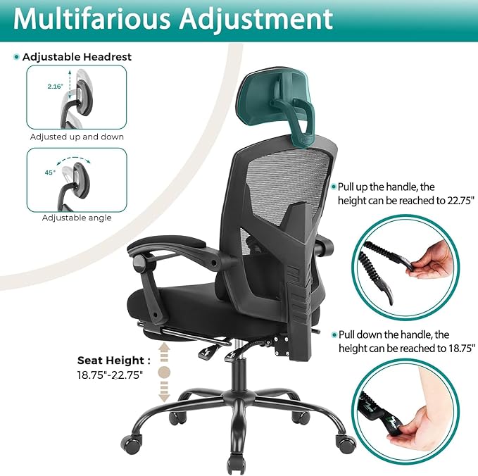 DUMOS Home Office Desk Chair with Footrest, High-Back Mesh Rolling Swivel Reclining Chairs with Wheels, Comfortable Headrest, Lumbar Support, Comfy Arms for Home, Office, Gaming, Student, Inky