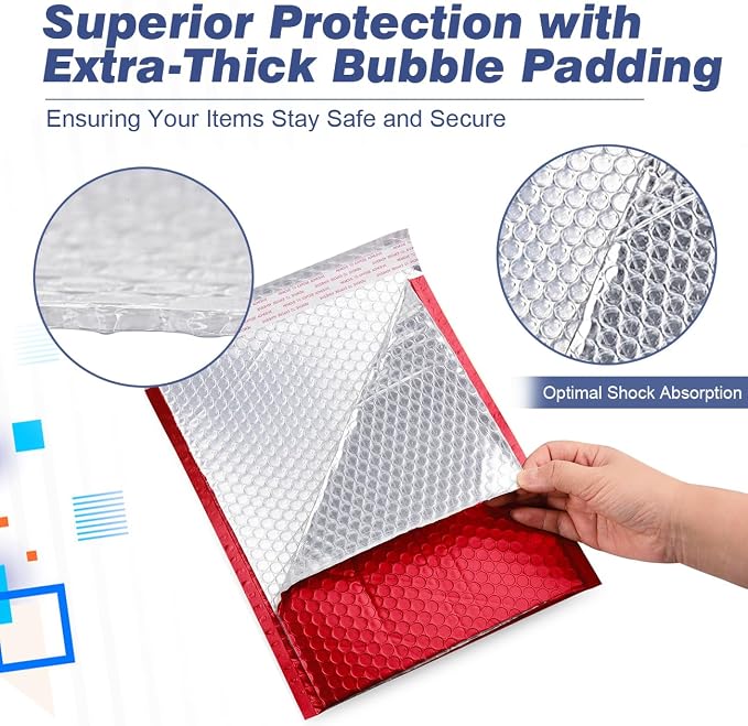 Metallic Matte Red Bubble Mailers Mailing Padded Envelopes 10.5x16 Inch- Self-seal Closure Bubble Shipping Bag 25pcs