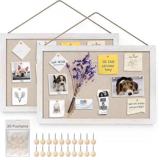 Miratino 2-Pack Cork Board with Linen 16x11 inch Bulletin Board Office Decor Hanging Pin Wood Framed Display Picture Vision Board Light for Wall School Office Bedroom 20-Pushpin Vintage White