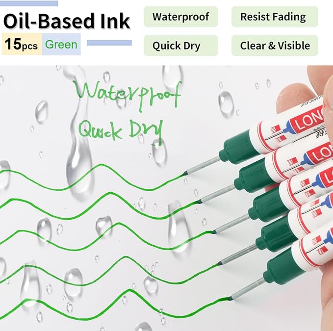 15 Pcs Long Head Deep Hole Marker, 20 mm Long Nose Nib Deep Reach Metal Marking Pen, Quick-drying Waterproof Permanent Pens For Carpenter, Woodworking, Construction (Green)