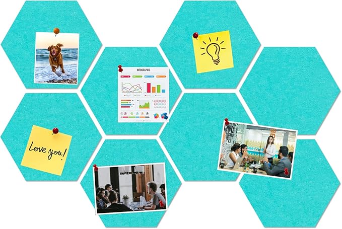 Large Hexagon Felt Cork Board Tiles, Self Adhesive DIY Felt Bulletin Board Pin Board with 35 Pushpins for Office School Home Wall Decor Stickers Memos Photos Display(Teal)