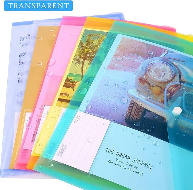 10 Pack Plastic Envelopes for Documents, Clear Folders with Label Pockets, 5 Colors 2 Each, Clear Poly File Folders Letter Size/A4, Hook and Loop Closure,Document Envelopes for School Office Home