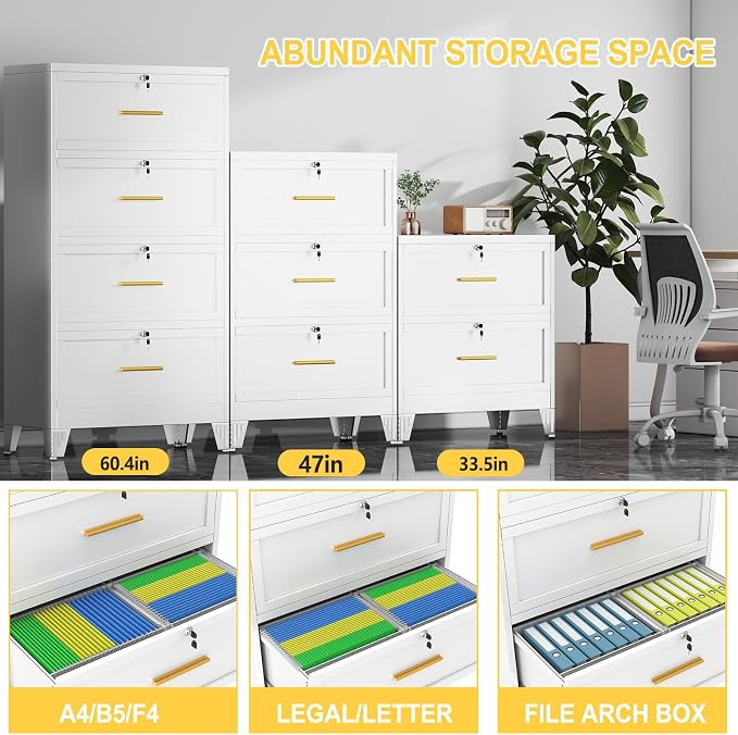 4 Drawer File Cabinet with Lock, Wide Metal Cabinet for Home Office | Wide lateral file cabinet for Letter, Legal, A4 and F4 hanging folders; individual locks, adjustable feet, anti-tip design