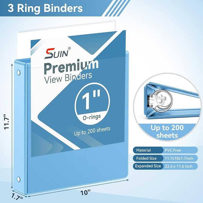 SUIN 1 Inch 3 Ring Binder, Clear 1'' View Presentation Binders with 2 Pockets, Fits 8.5 x 11 Letter Size, Durable Polypropylene, Non-Stick & PVC-Free for School, Office & Home (Aqua Blue)