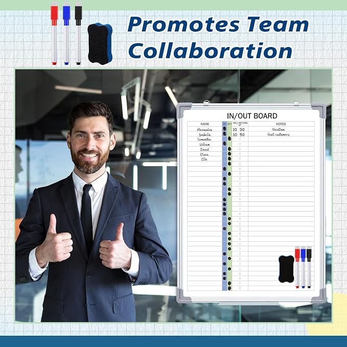 in and Out Magnetic Dry-Erase Board 24" x 18" Aluminum Framed White Board with Lines 33 Names with Magnetic Dry-Erase Marker, Eraser, and 35 Magnets Wall-Mounted for Office Employee