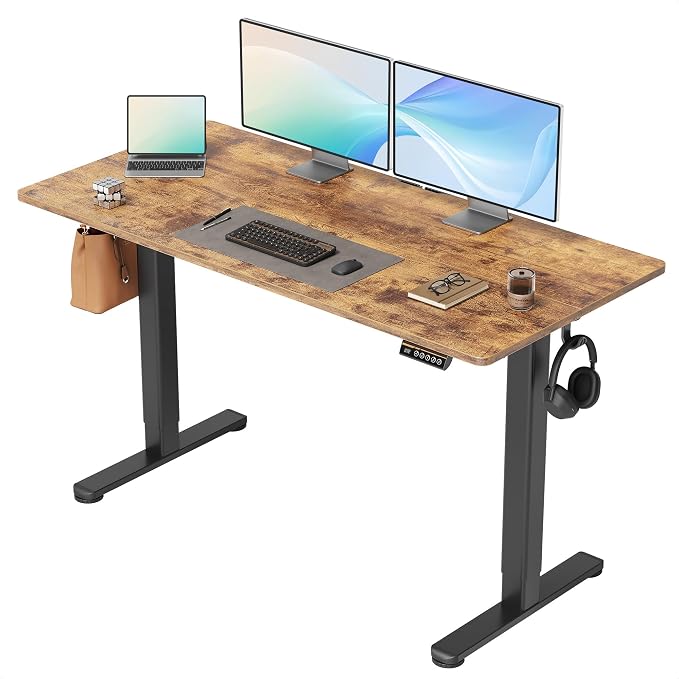 Claiks Electric Height Adjustable Standing Desk, 55x24 Inch, Rustic Brown | Smooth Height Adjustment, 3 Memory Presets, Cable management hub & hook, Stable Steel Frame, 156 lbs Capacity, Easy Assembly