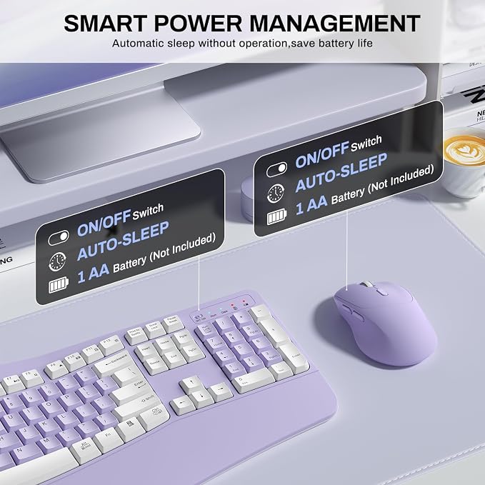 Wireless Keyboard and Mouse Combo,2.4G Ergonomic Wave Keys(Purple-A) | Full Size Cordless Keyboard with Wrist Rest,3-Level DPI Ergonomic Mouse for Office and Home,Windows/Mac OS/Desktop/Laptop/PC