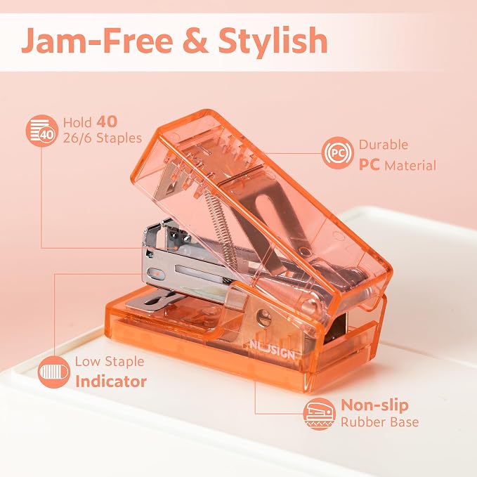 NUSIGN Mini Stapler with 830 Staples, Small Cute Desk Staplers, 25 Sheet Capacity, Clear Orange