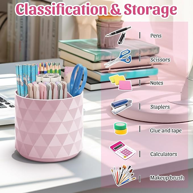 minimaliving Desk Organizer,Sparkling Diamond-like Pen Holder for Desk 360°Rotating Office Accessories,Pencil Cup with 5 Compartments Storage Box Caddy for Office,School,Home,Art Supply(Pink)