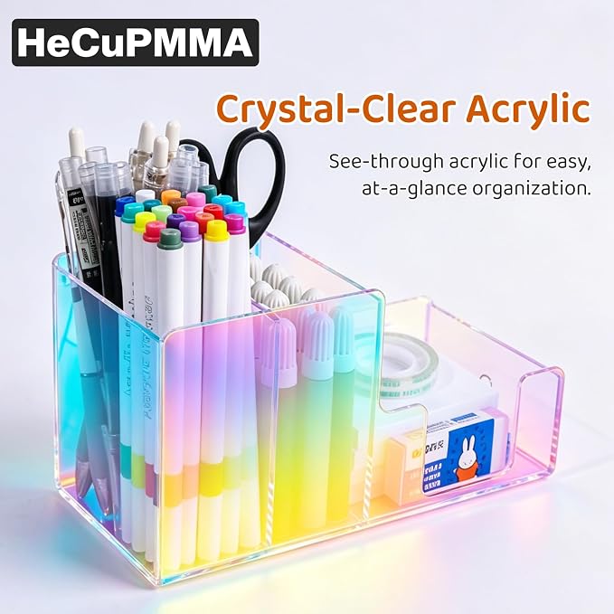 Iridescent Acrylic Desk Organizer with 3 Compartments - Clear Pencil Holder for Office, School & Home - Large Capacity Stationery Storage for Pens, Scissors, Sticky Notes, Paper Clips - Non-Slip Base