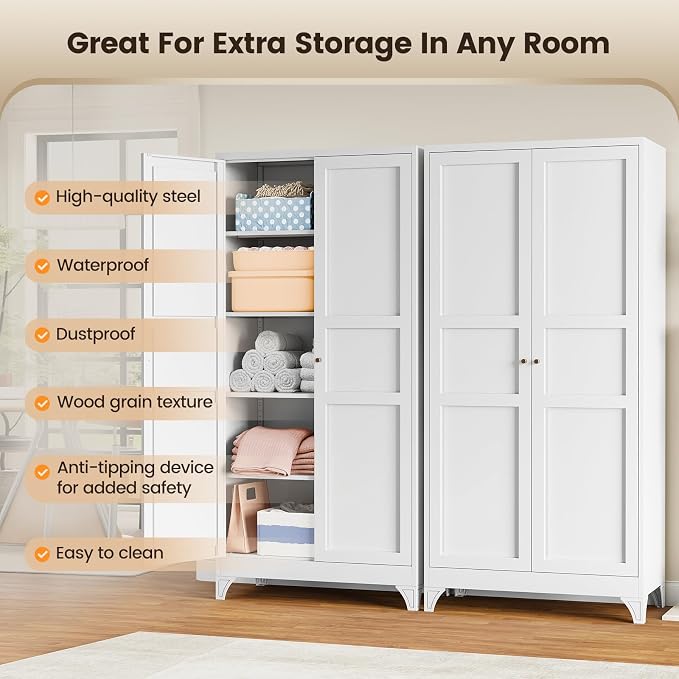 Metal Pantry Cabinet, 75" Kitchen Pantry with 2 Door and 4 Adjustable Shelves,White Metal Pantry Storage Cabinet,Cupboard for Kitchen,Dining Room,Living Room and Bathroom