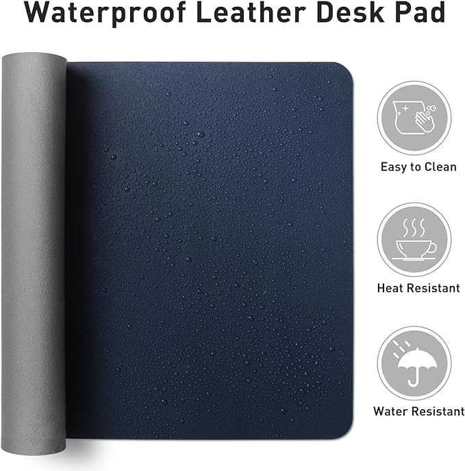 Aothia Leather Desk Pad Protector, Mouse Pad,Office Desk Mat, Non-Slip PU Leather Desk Blotter, Laptop Desk Pad, Waterproof Desk Writing Pad for Office and Home (Dark Blue,36" x 17") (Pack of 2)