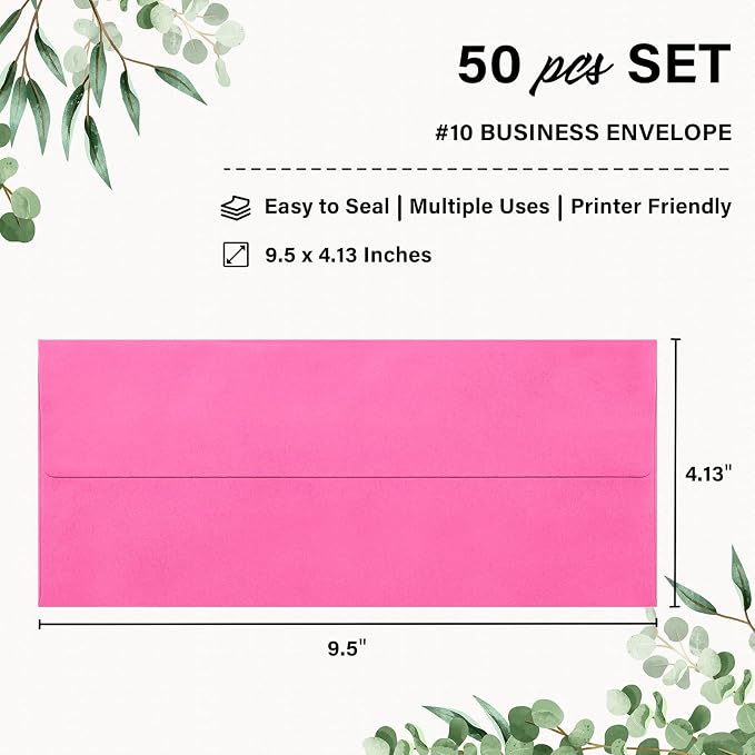 50 Pack #10 Hot Pink Envelopes Letter Size Self Seal Business Envelopes | Security Mailing Envelopes, 4 1/8 x 9 1/2 Inches