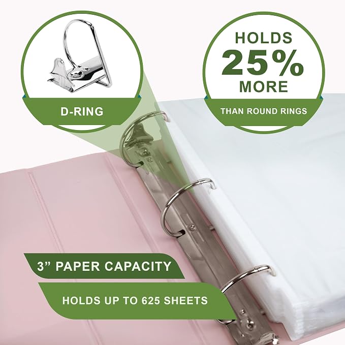 Samsill Plant-Based 3 Inch Durable D-Ring, View Binder, Eco-Friendly, USDA Certified Biobased, Single, Light Pink