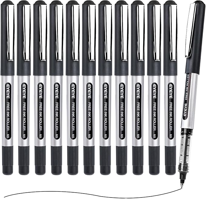EYEYE Black Pens Pack of 12, 0.5mm Extra Fine Point Roller Ball Pen | Quick Drying Liquid Ink Rollerball Pen, Fine Point Smooth Writing Pen for Journaling Office Supplies Back to School Essential