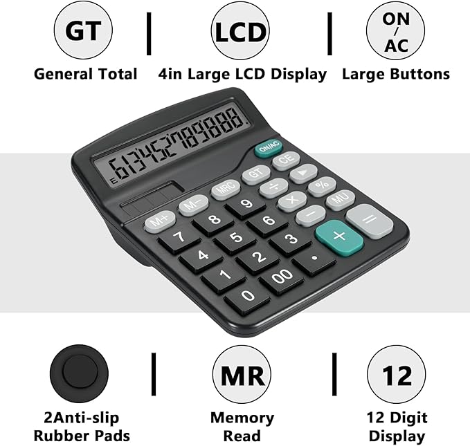 Desktop Calculator with Big Buttons, Dual Power Source, Solar and Battery, Large Display Screen - Perfect for Office, Teachers, and Students (Black)