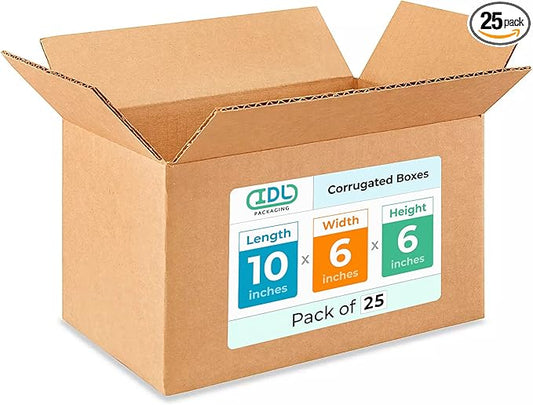 Medium Moving & Shipping Boxes 10"L x 6"W x 6"H (25-Pack) - Extra Strength 200 lb vs Regular - USA-Made Corrugated Packing Boxes for USPS/UPS/FEDEX - Durable Cardboard Shipping Box by IDL Packaging