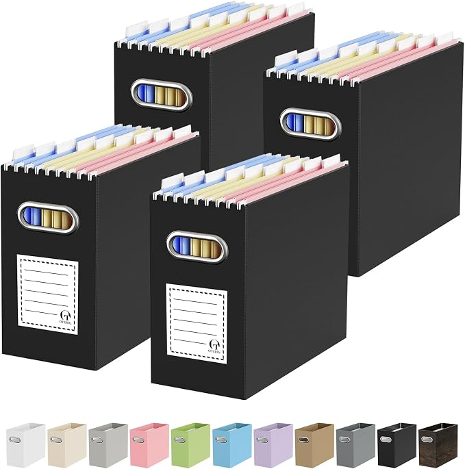 Portable Collapsible Cardboard File Box with Handle for Letter-Size | 4-Pack. Stainless Steel Handle. Label Stickers Included. Fits Letter Folders (Not Included). Home, Office, School, Dorm, Tax.