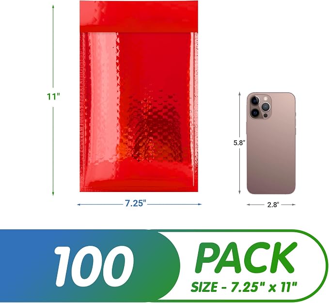 Glamour Metallic Bubble Mailers 6.5 x 9 Inches Red, 100 Pack Padded Envelopes for Shipping, Mailing, Packaging Protection