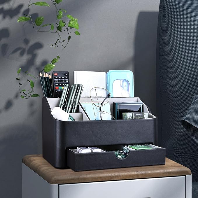 Desk Organizer with Drawer, Multifunction Pencil Holder for Desk, Desk Organizer and Accessories 5 Compartments for Home Office Supplies (Black)