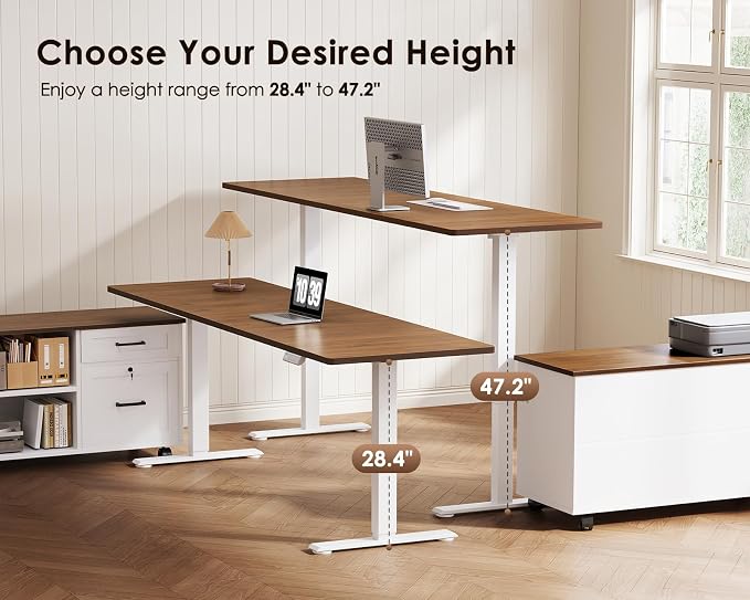 71" L Shaped Electric Standing Desk with Cabinet Sets, Walnut/White | Mobile Drawers & File Cabinet Sets for Flexible Layout, Height Adjustable Executive Stand Up Desk for Home Office Workstation