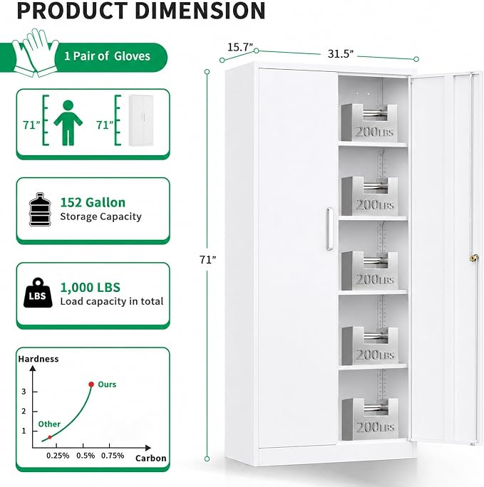 Metal Storage Cabinet with Locking Doors, 71" Tall Steel Locker Organizer with Adjustable Shelves, Garage Utility Cabinet for Home, Office, Shop, and School