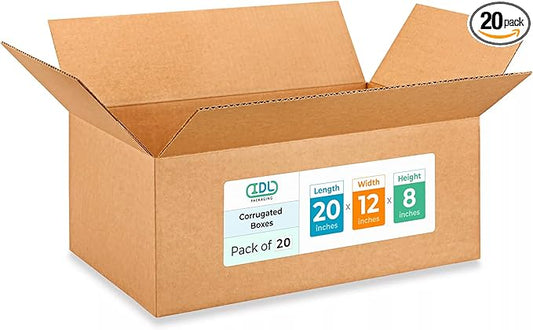 Large Shipping & Moving Boxes 20"L x 12"W x 8"H (20-Pack) - Extra Strength 200 lb vs Regular - USA-Made Corrugated Heavy-Duty Large Moving Boxes - Packing Box for USPS/FEDEX - Big Box by IDL Packaging