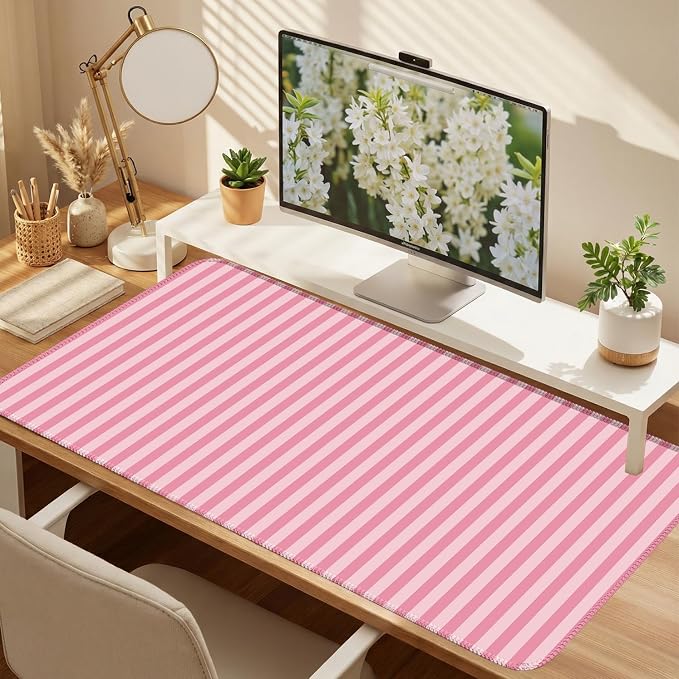 Pink Striped Desk Mat Cute Pastel XXL Large Gaming Mouse Pad Desk Pad Kawaii Cozy Aesthetic Keyboard Laptop Computer Mat Home Office Decor for Women